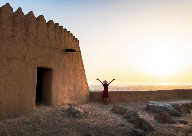 Female,Traveler,Exploring,Dhayah,Fort,In,North,Ras,Al,Khaimah